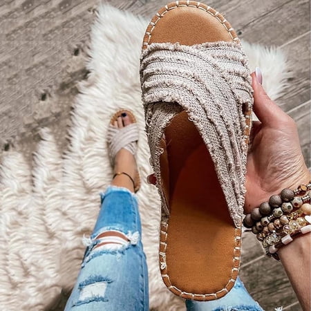 2025 Clearance! Womens Clearance asdoklhq Womens Slide Slippers Flat Slippers Women New Denim Plush Cross Sandals and Slippers