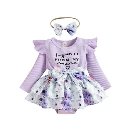 

jaweiw Infant Baby Girls Romper Dresses Letter Embroidery Knitted Ribbed Floral Print Ruffles Tutu Bodysuits with Bow Headband Size 0 6 12 18 24 M