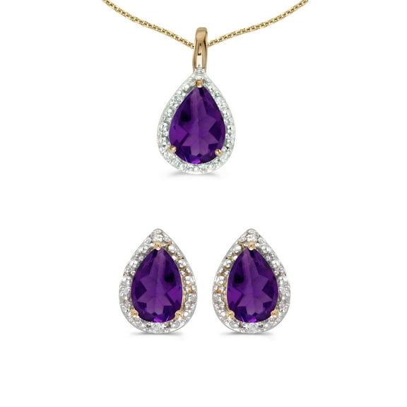 10k Yellow Gold Pear Amethyst And Diamond Earrings and Pendant Set