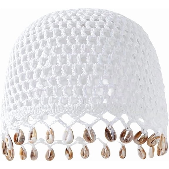 Boho Crochet Hat for Women, Handmade Cotton Knit Beanie Skull Cap with Sea Shells, Summer Beach Vacation Festival Accessory, Khaki One Size(xw)