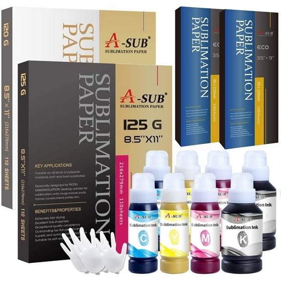 A-Sub Bundle Kit: 220 Sheets 8.5x11 Sublimation Paper, 200 Sheets Mug Size Sublimation Paper, 8PK Sublimation Ink