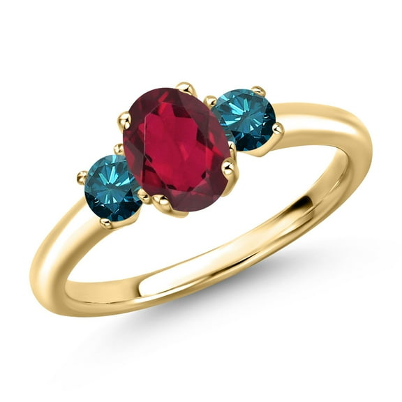 Gem Stone King 10K Yellow Gold Ruby Red Mystic Topaz and Blue Diamond Engagement Ring for Women | 1.10 Cttw | Oval 7X5MM | Gemstone November Birthstone | Size 5