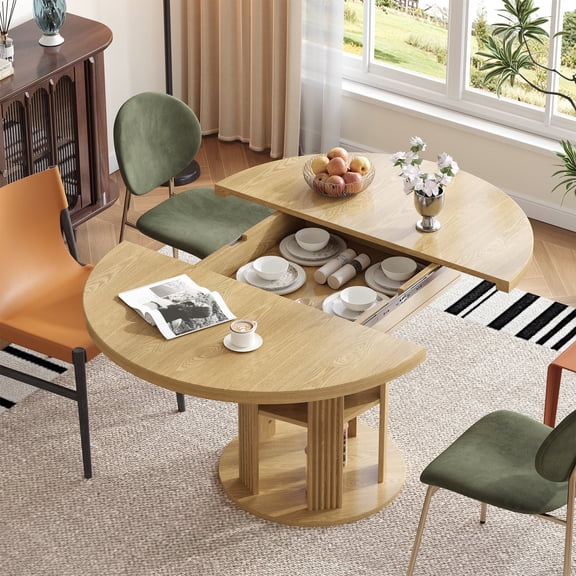 Extendable Dining Room Table for 4-6, 43.3in-59in Oval Dining Room Table with 2-Tier Storage Shelf, Modern Kitchen Table, round dining stage with Wood Strip Base for Kitchen Living Room, Nature