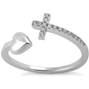 Savlano 18K White Gold Plated Round Cut Cubic Zirconia Sideways Cross and Heart Open Band Ring Women's Girl's Religious Ring