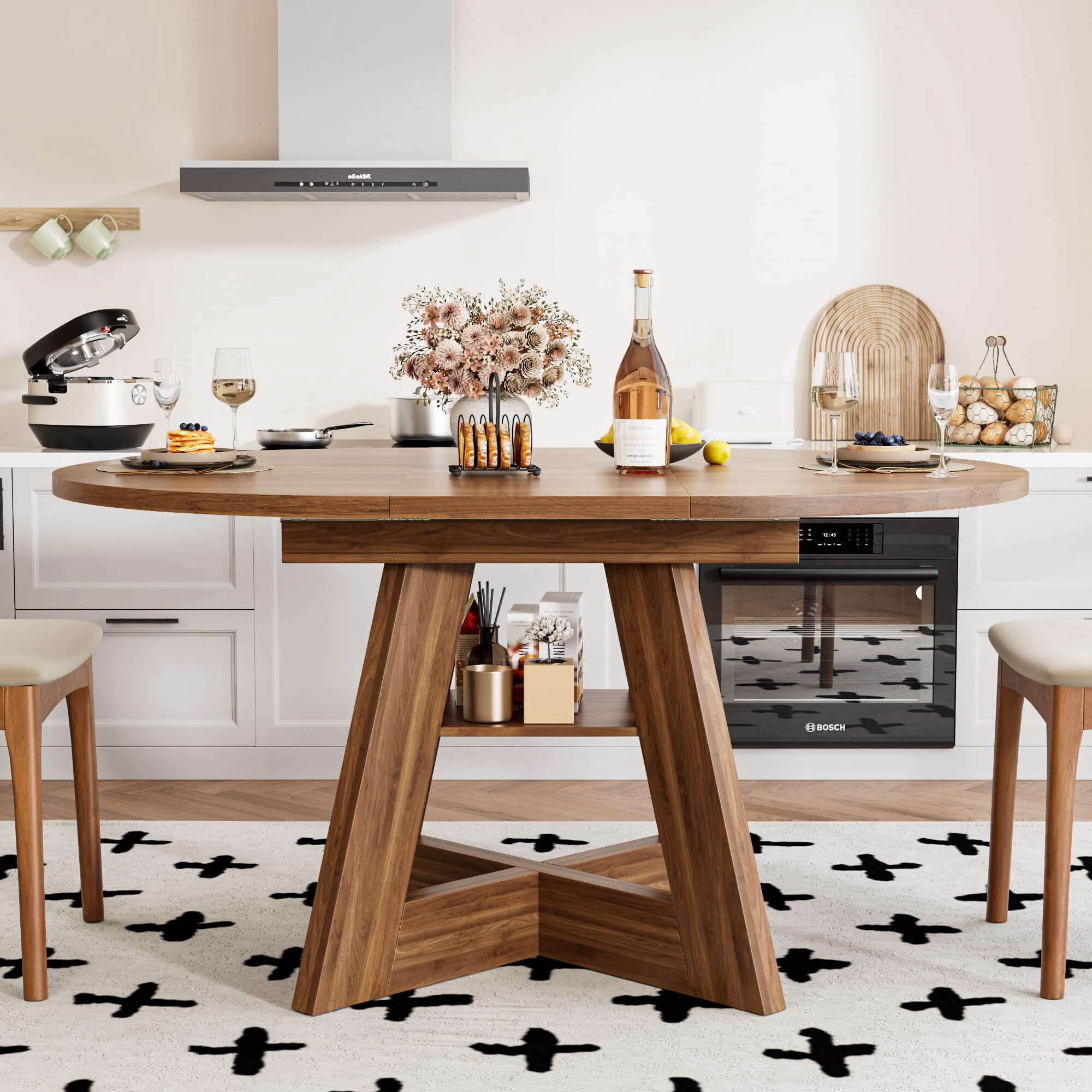 Fsbecl Mid Century Modern Extendable Round Dining Table 43.3in-59in for 4-8, Wooden Kitchen Dining Table, Walnut