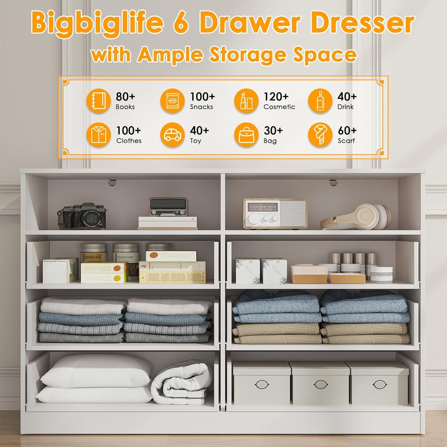 Frmobepts Wood Dresser for Bedroom, 6 Drawer Dresser with Open Storage Cubby,White