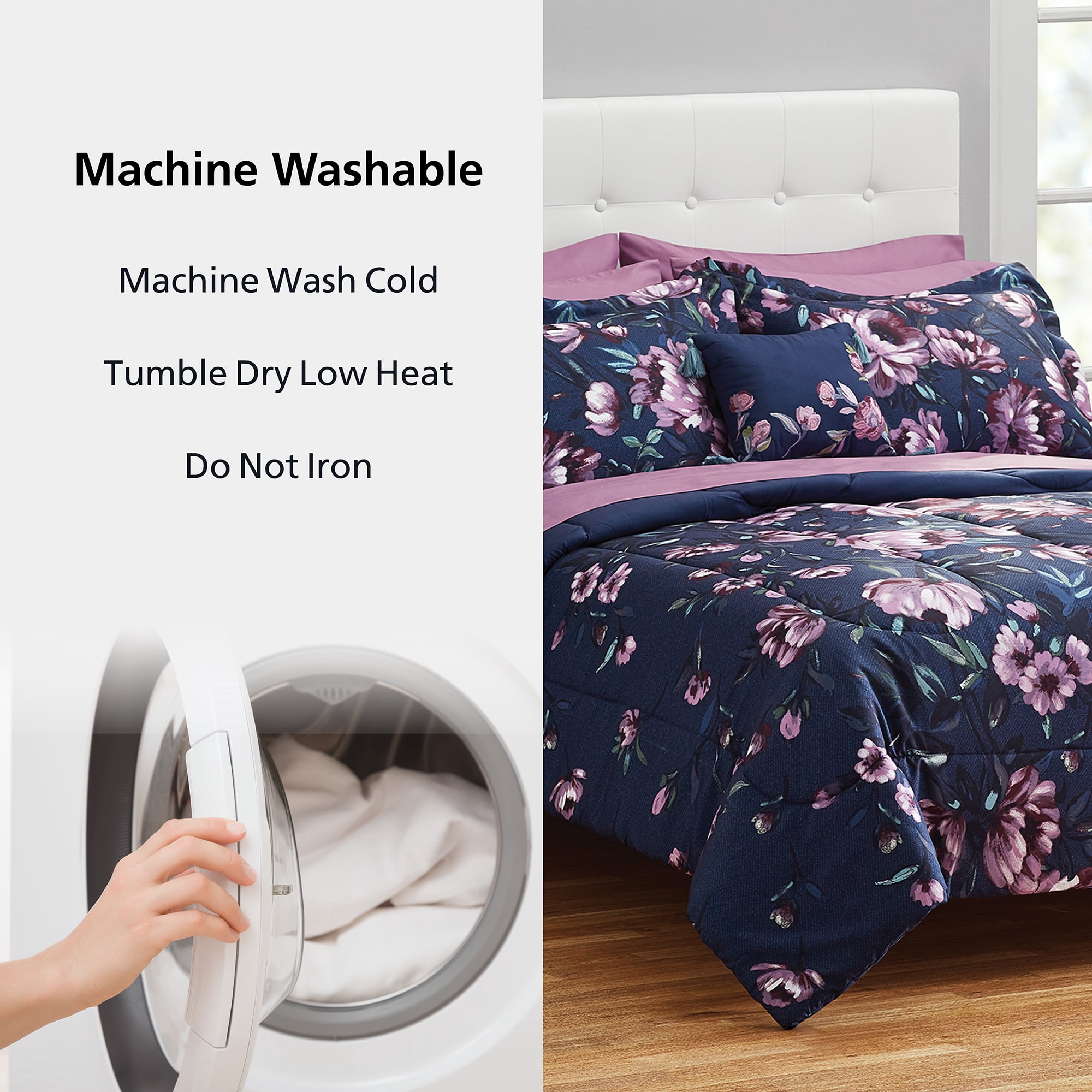 Mainstays All in One Reversible Comforter and Sheet set- 11 Piece, Queen, Navy Floral