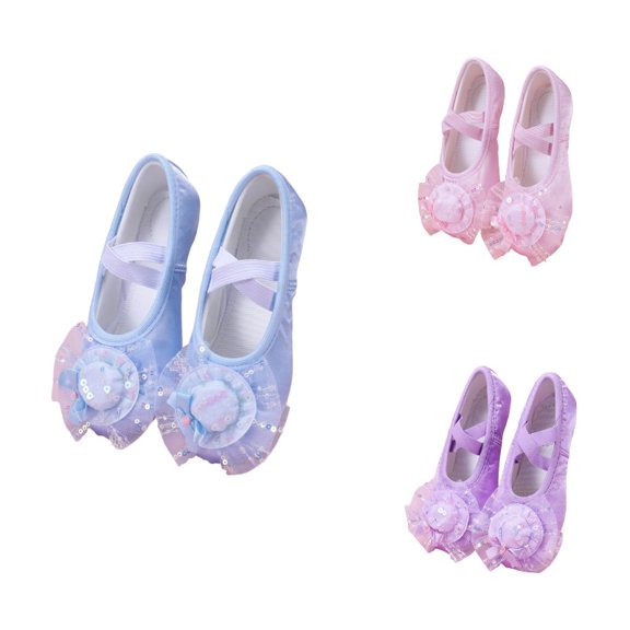 Krdevn Mary Jane Flat Heel Round Toe Satin Bow Sequin Detailed Soft Sole Ballet Dance Practice Shoes (Little Girls,Big Girls),11-12 Years