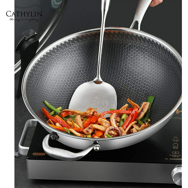 MasterPan 12 in. Carbon Steel Wok with Glass Lid & Wooden Utensils, Non-Stick Flat Bottom Asian Stir-Fry Cookware with Wooden Handle, Black