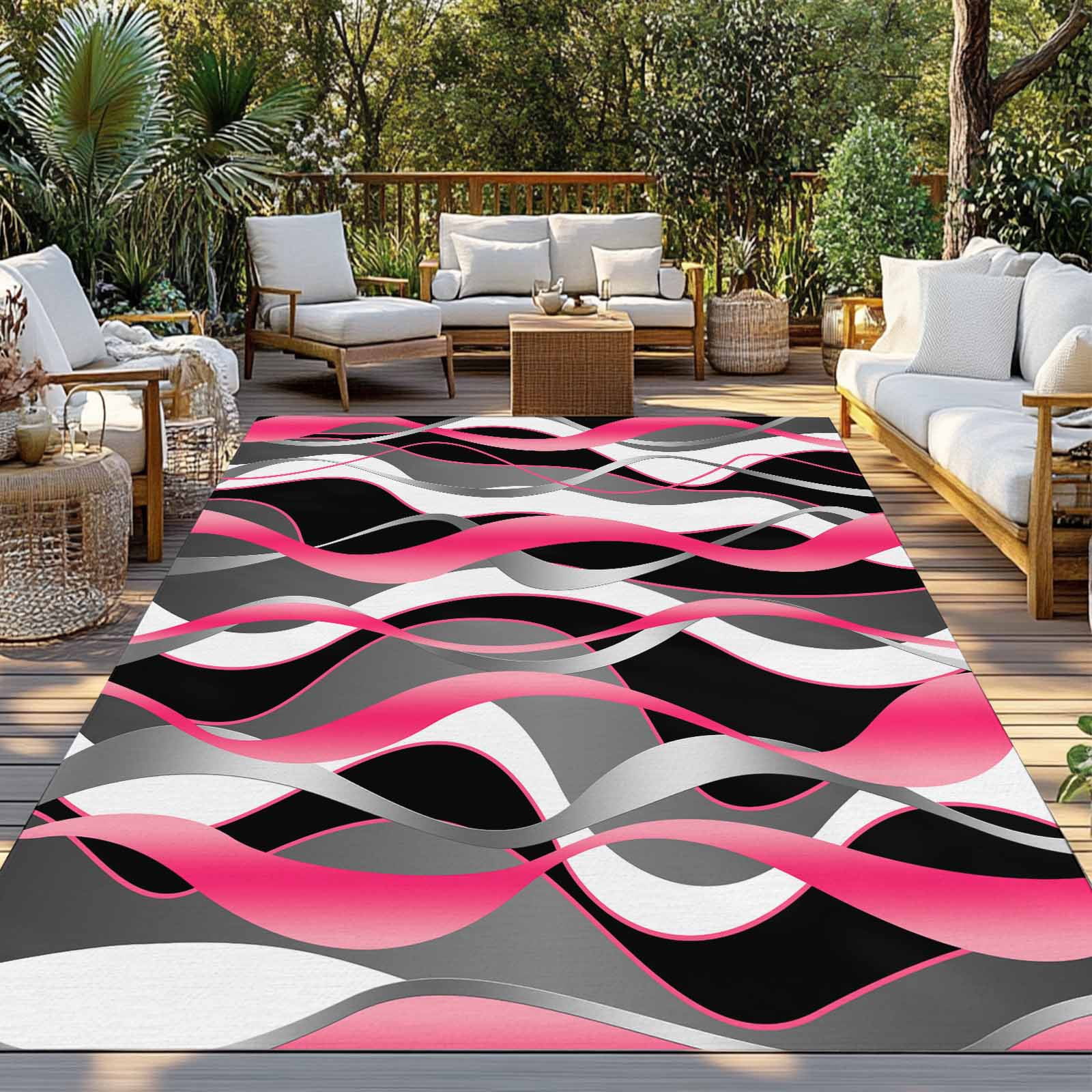 Outdoor Rug 5x8 ft Pink Black Grey Lines Waterproof Outdoor Patio Rug Mat Non Slip Outside Area Rugs Carpet for RV,Camping,Porch,Deck,Pool,Balconybackyard,Modern Abstract Stripes