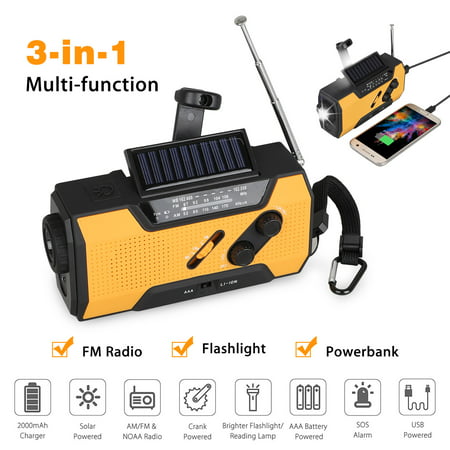EEEKit Solar Hand Crank Portable Radio, NOAA Weather Radio for Household and Outdoor Emergency with AM/FM, LED Flashlight, Reading Lamp, 2000mAh Power Bank USB Charger and SOS