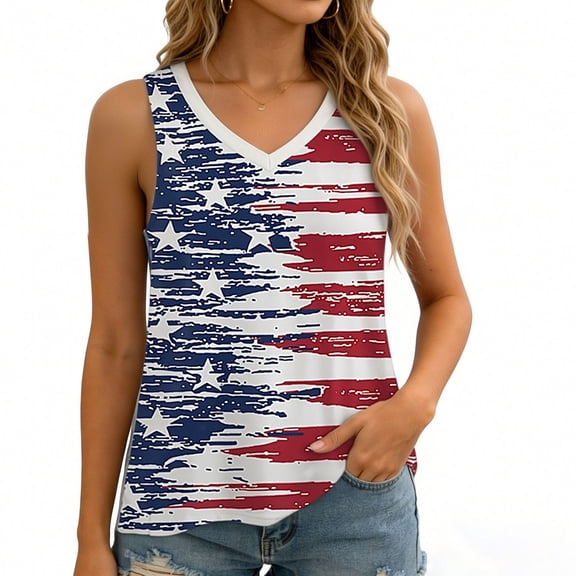 Vetsdori Work Clothes for Women's 4th of July Casual Tshirts Sleeveless Summer Red White and Blue Fashion Independence Day Camisole Juniors Tops Patriotic