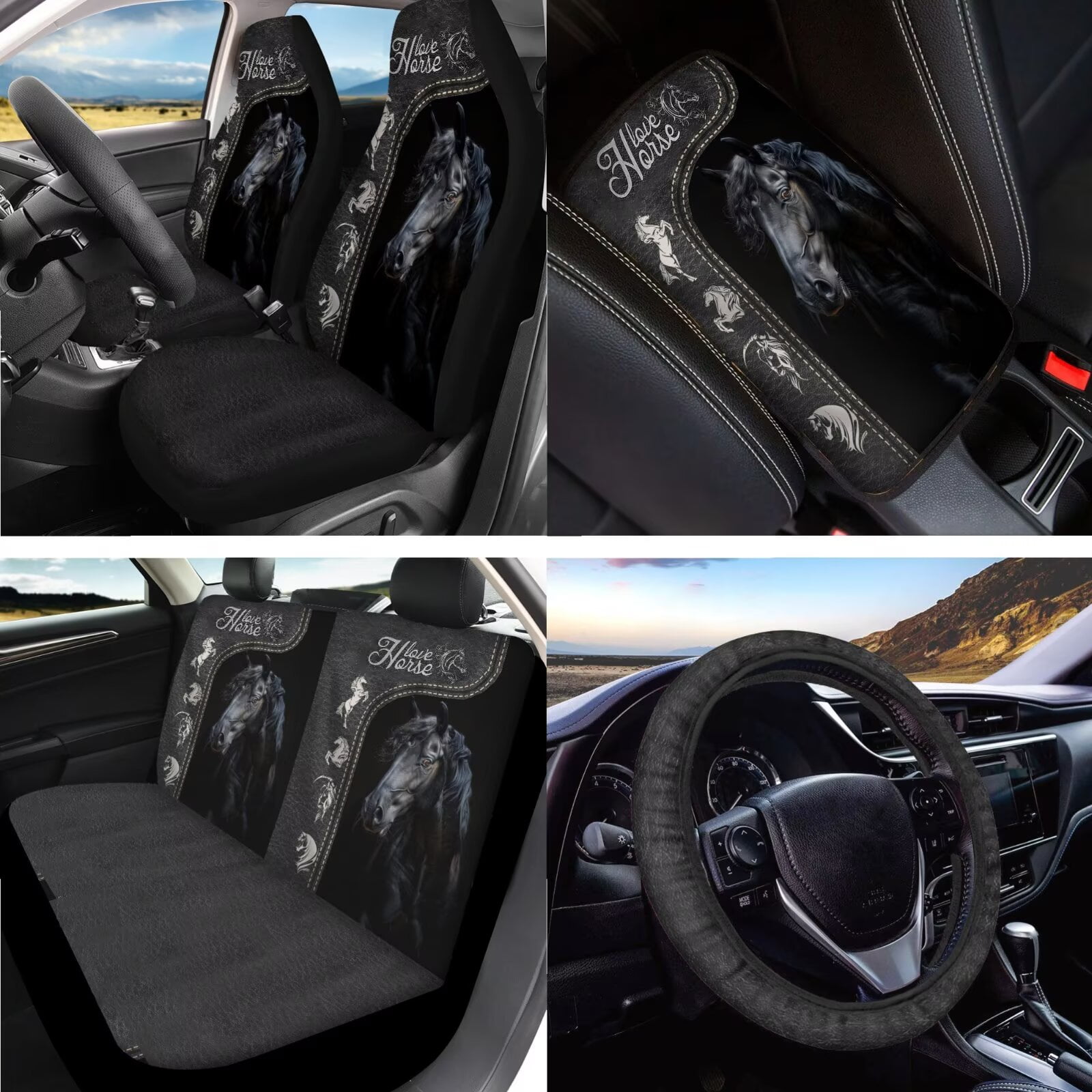 LedBack Horse Printed Car Seat Cover Full Set with Automotive Steering Wheel Covers Auto Seatbelt Pads Coaster Lipstick Holder Keychain Rear View Mirror Cover Car Coasters, Auto Accessories