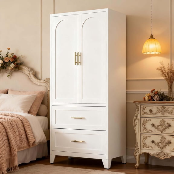 Miniyam 71" Tall Metal Wardrobe Cabinet with 2 Drawers & Hanging Rod, 2-Door Storage Closet for Bedroom Office Laundry Room (White)