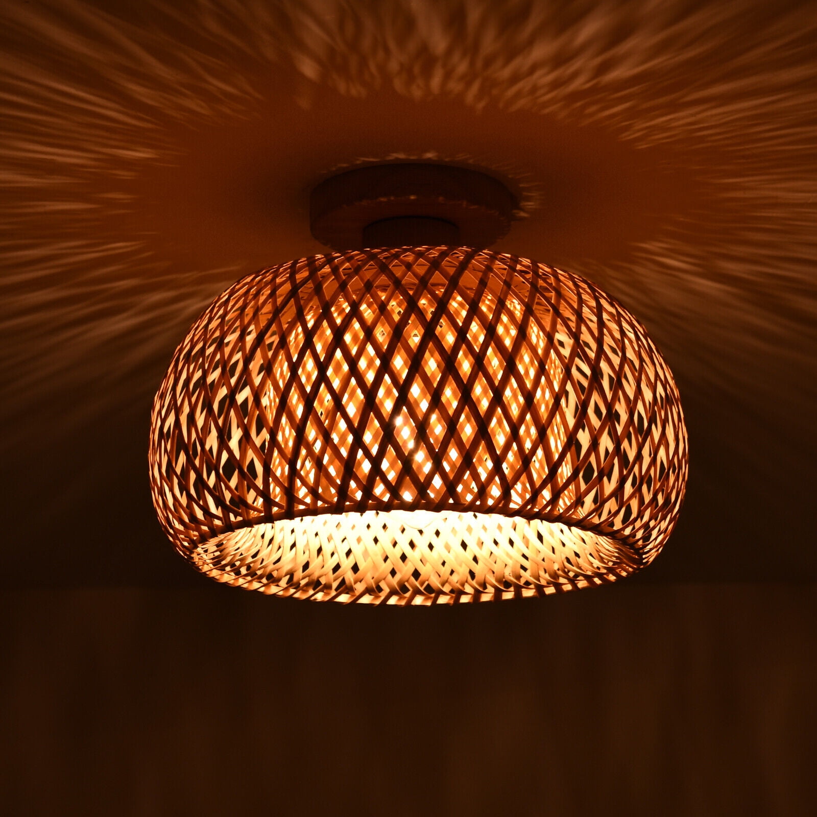 Ceiling Light Fixture Semi Flush Mount Lamp Vintage Bamboo Wicker Rattan Lantern