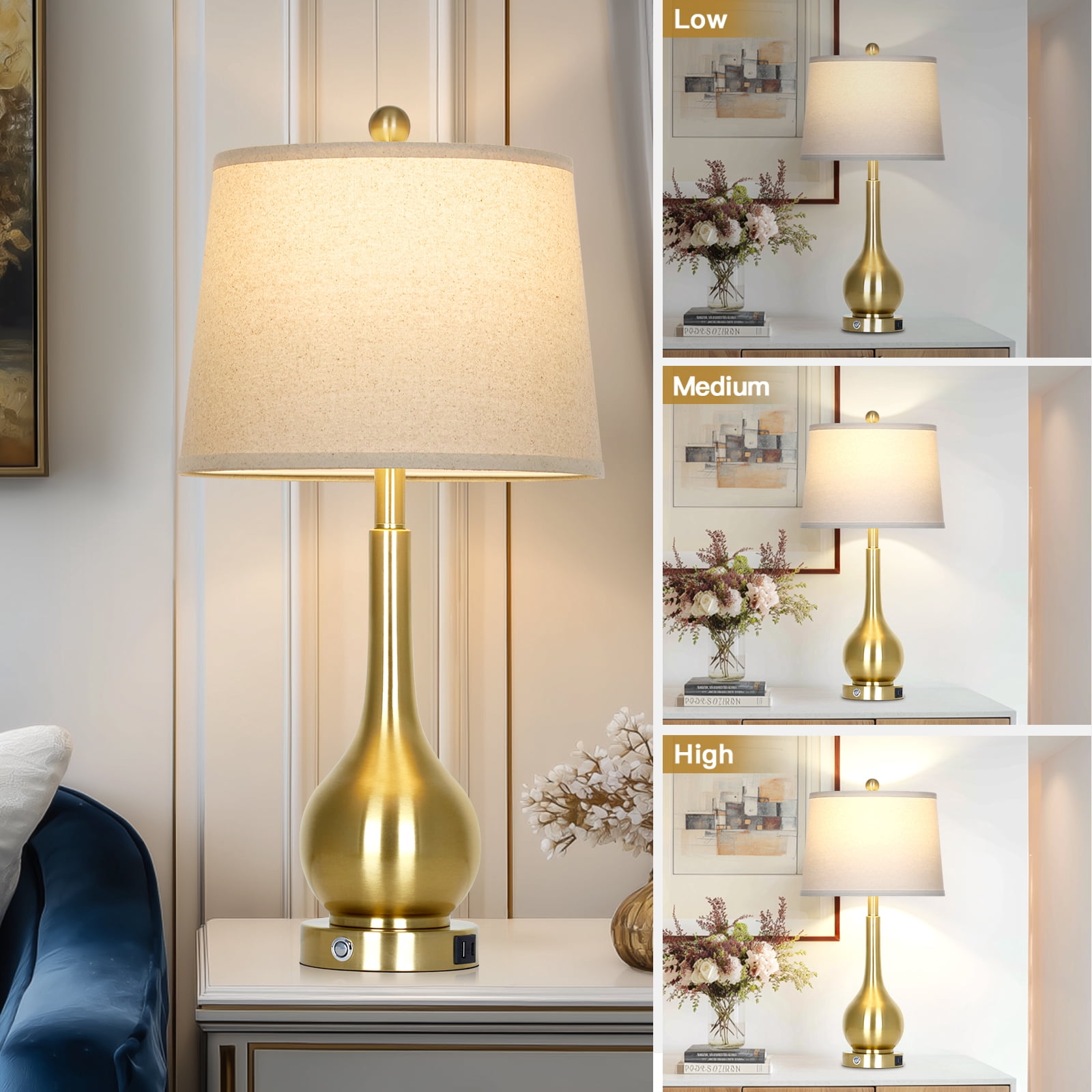 Cinkeda 26" Modern Table Lamp Set of 2 Farmhouse Industrial Touch Bedside Nightstands Lamps with USB A+C Charging Ports