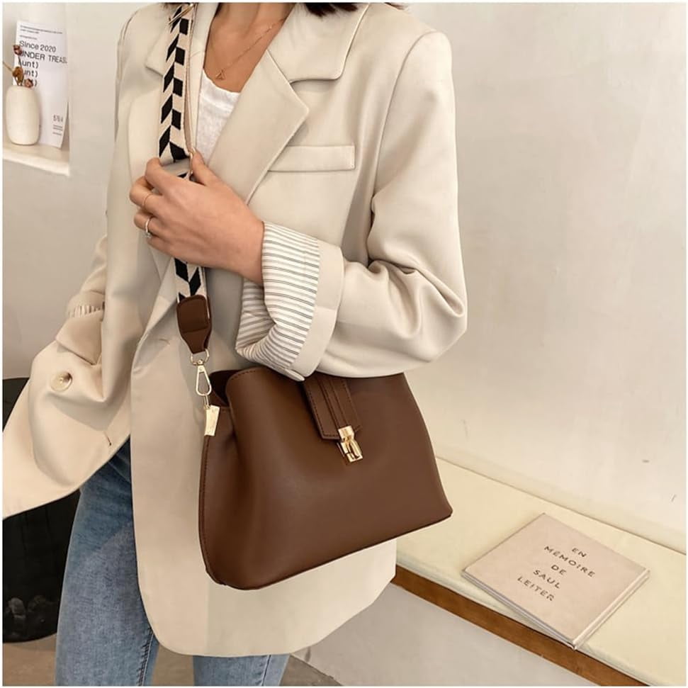 Leather Bucket Bags and Purses for Women Hobo Crossbody Bucket Handbag with Guitar Strap Casual Hobo Shoulder Bag