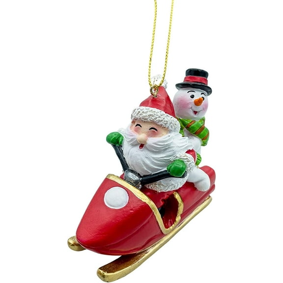 Santa Claus Riding A Gold Ski Red Snowmobile Sleigh with Snowman Christmas Tree Hanging Ornament