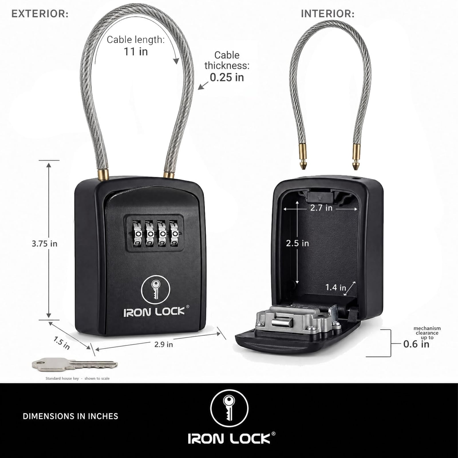Iron Lock® Key Lock Box Portable with Cable Shackle – Small Waterproof Heavy-Duty Metal Safe with 4-Digit Combination for Spare Keys Outside on Door Knob, Fence, Pipe or Gate (Black, Small)