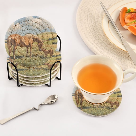 BZSMCE 6Pcs Drink Coasters With Holder 3.94Inch Elegant Brown Horse Creative Coil Coaster Coasters Colors Absorbent Coasters for Drinks Coasters Set Thicken Heat for Home Table