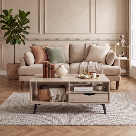 Rectangle Coffee Table with Drawer & Storage Shelf, Modern Center Table for Living Room,Natural