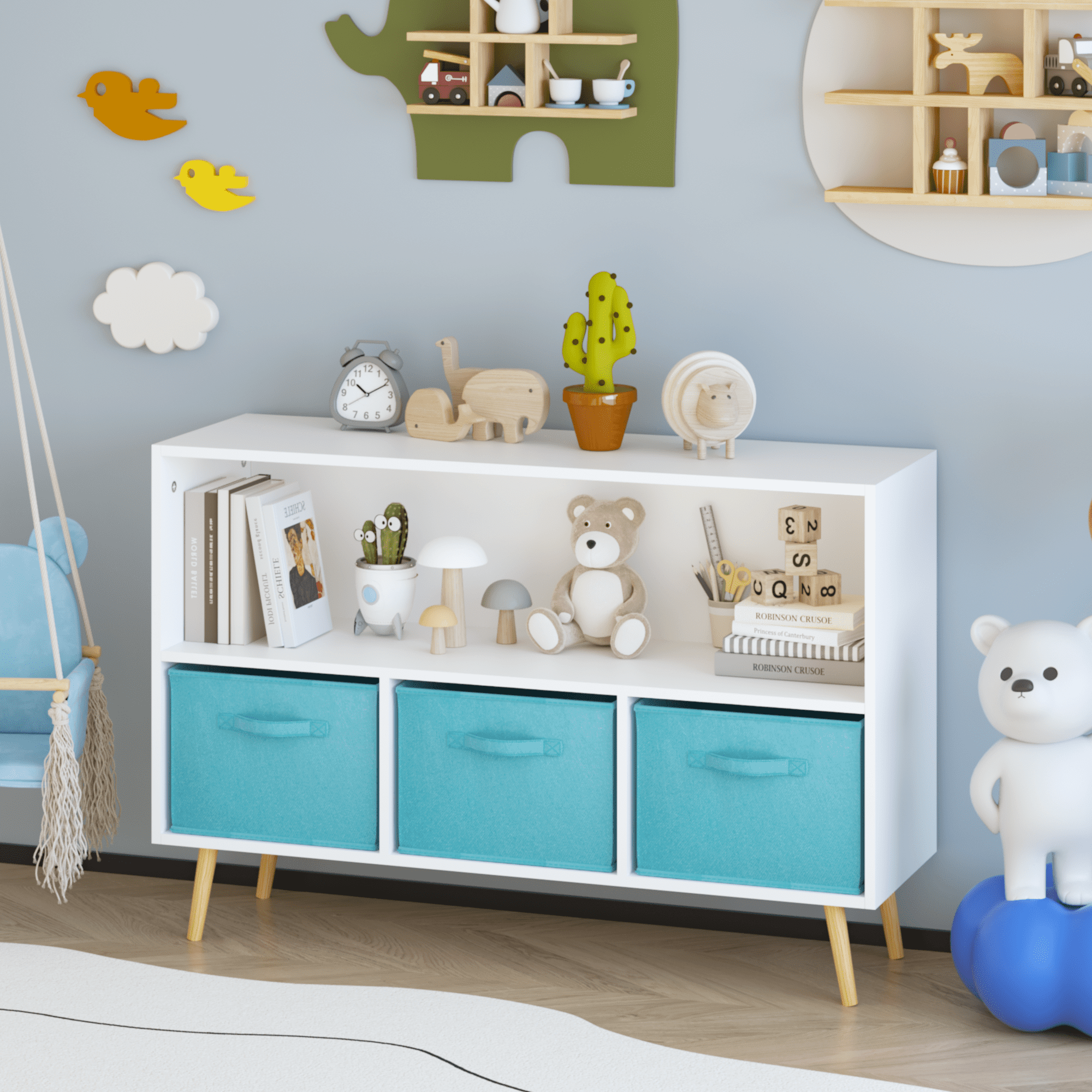Baby Furniture, Kids bookcase with Collapsible Fabric Drawers, Children's Book Display, Toy Storage Cabinet Organizer, White/Blue, White+Blue Kids Furniture,Mdf Kids Furniture