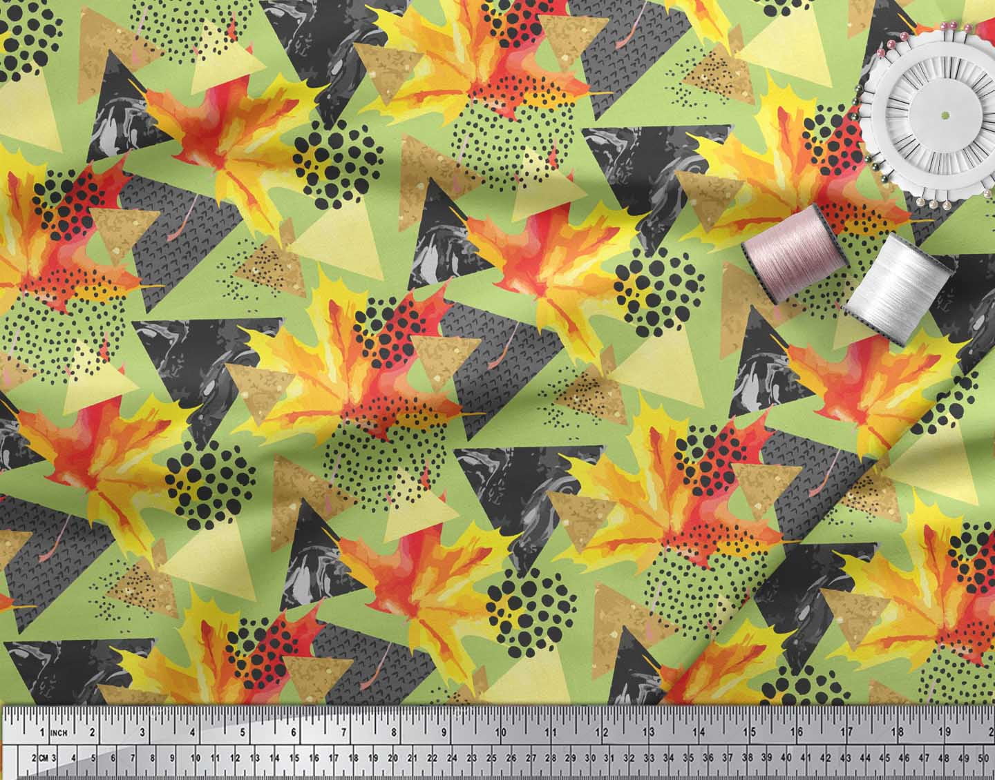 Soimoi Green Rayon Fabric Triangle,Autumn Leaves & Brush Stroke Abstract Print Fabric by the Yard 42 Inch Wide