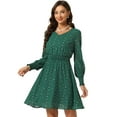 thumbnail image 1 of Vestido Allegra K de mujer de gasa con cintura fruncida y manga larga con estrellas brillantes Verde Oscuro XS, 1 of 6