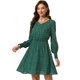 thumbnail image 1 of Vestido Allegra K de mujer de gasa con cintura fruncida y manga larga con estrellas brillantes Verde Oscuro XS, 1 of 6