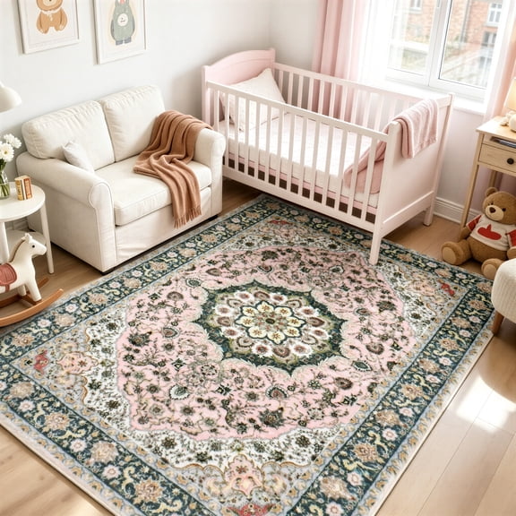 WANLISELL 5'x7' Area Rugs for Living Room, Pink Vintage Floral Washable Rug, Non-Slip Soft Boho Indoor Carpet for Bedroom, Dining Room, Playroom