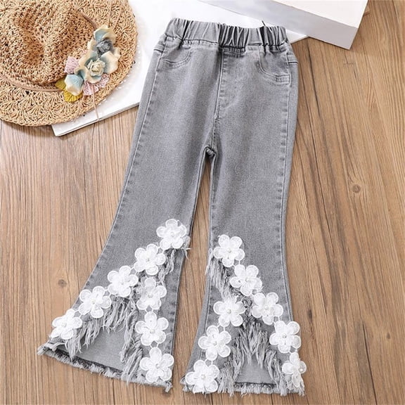 XXWXYD Girls Flower Embroidery Flare Jeans Lace Elastic Waist with Tassel Detail Fashion Denim Pants for Youth Kids 3-12 Years Casual Stylish Trousers