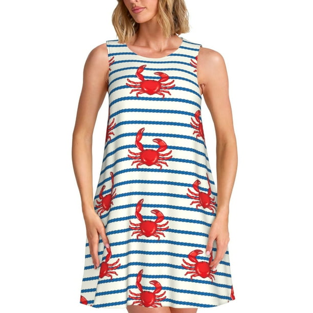 Fotbe Cute Red Crabs With Nautical Vestido de Verano sin Mangas para Mujer – Vestido Midi Línea A, Estilo Camiseta Floral, Vestido Playero Casual y Fluido