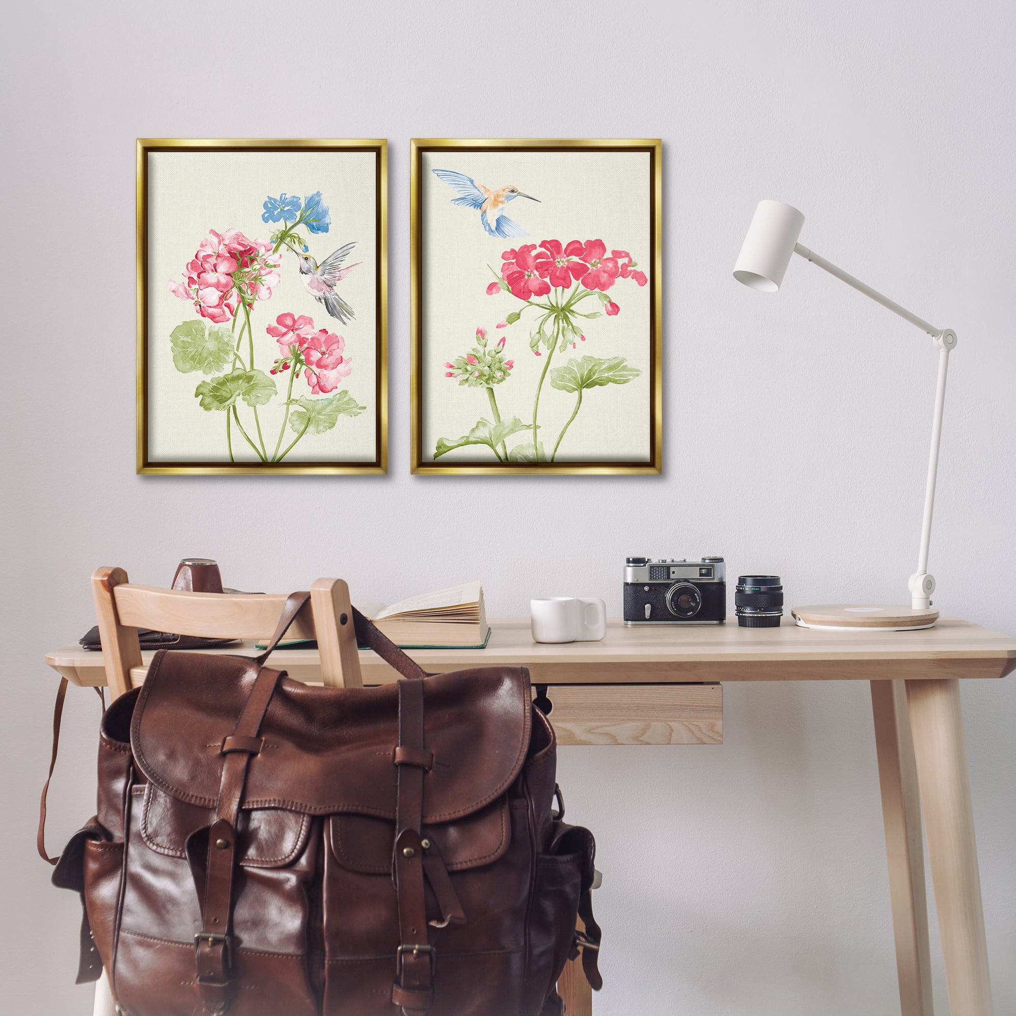 Stupell Industries Pink Geranium Hummingbirds Plants & Flowers Painting Gold Floater Framed Canvas Art Print Wall Art, 17 x 25, Set of 2