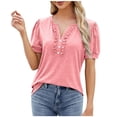 thumbnail image 1 of fheaev Hauts d'Été pour Femmes 2025 Vacances Sorties Hauts Mode Décontracté T-Shirt Blouse Uni à Manches Courtes Col Rond Plissé à Boutons pour Femme, 1 of 6