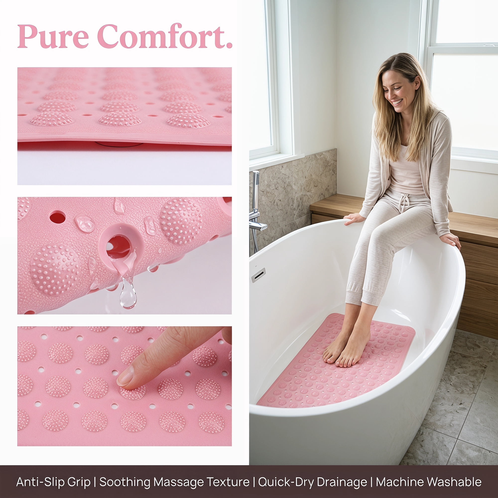 Unique Bargains Non Slip Quick Dry Machine Washable Bath Tub Mat Pink 28" x 14"