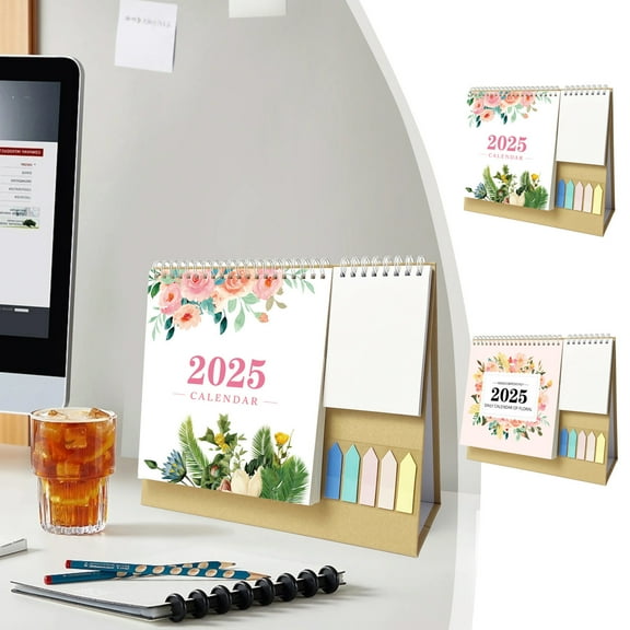Flowers Desk Calendar 2025, Floral Desk Calendar with Sticky Notes, Stand Up Desktop Calendar, Monthly Weekly Daily Planner Small Desk Calendar for Home, Dormitory, Table