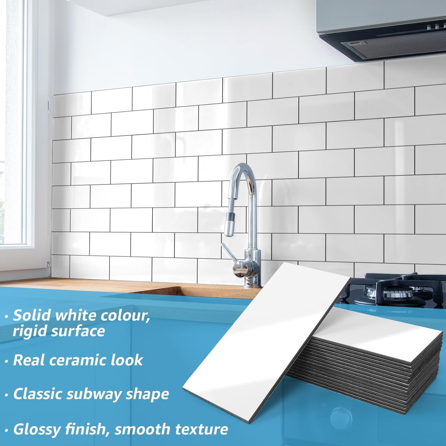 102-Piece Peel and Stick Wall Tile for Kitchen Backsplash, Bathroom, Fireplace, 3in. × 6in. Stick on Subway Tile, Glossy White