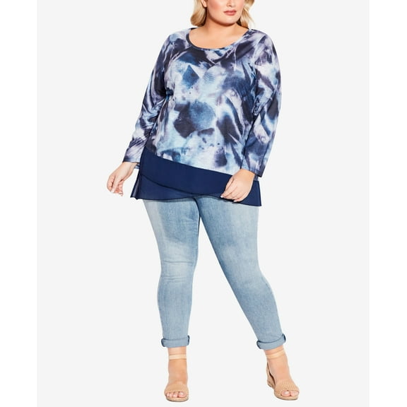 Plus Size Abstract Chiffon Trim Top Tri Blue 5X