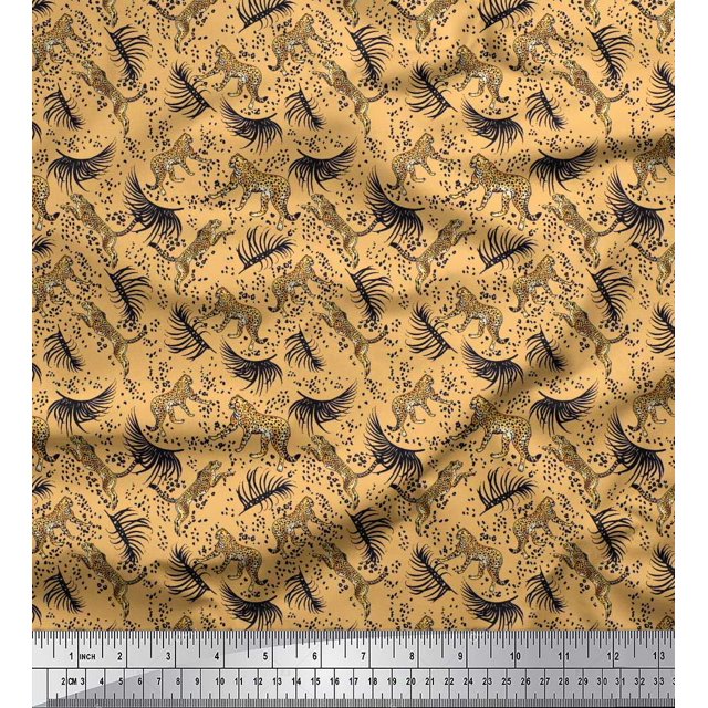 Soimoi Polyester Crepe Fabric Leaves & Leopard Animal Printed Fabric 1 Yard 42 Inch Wide