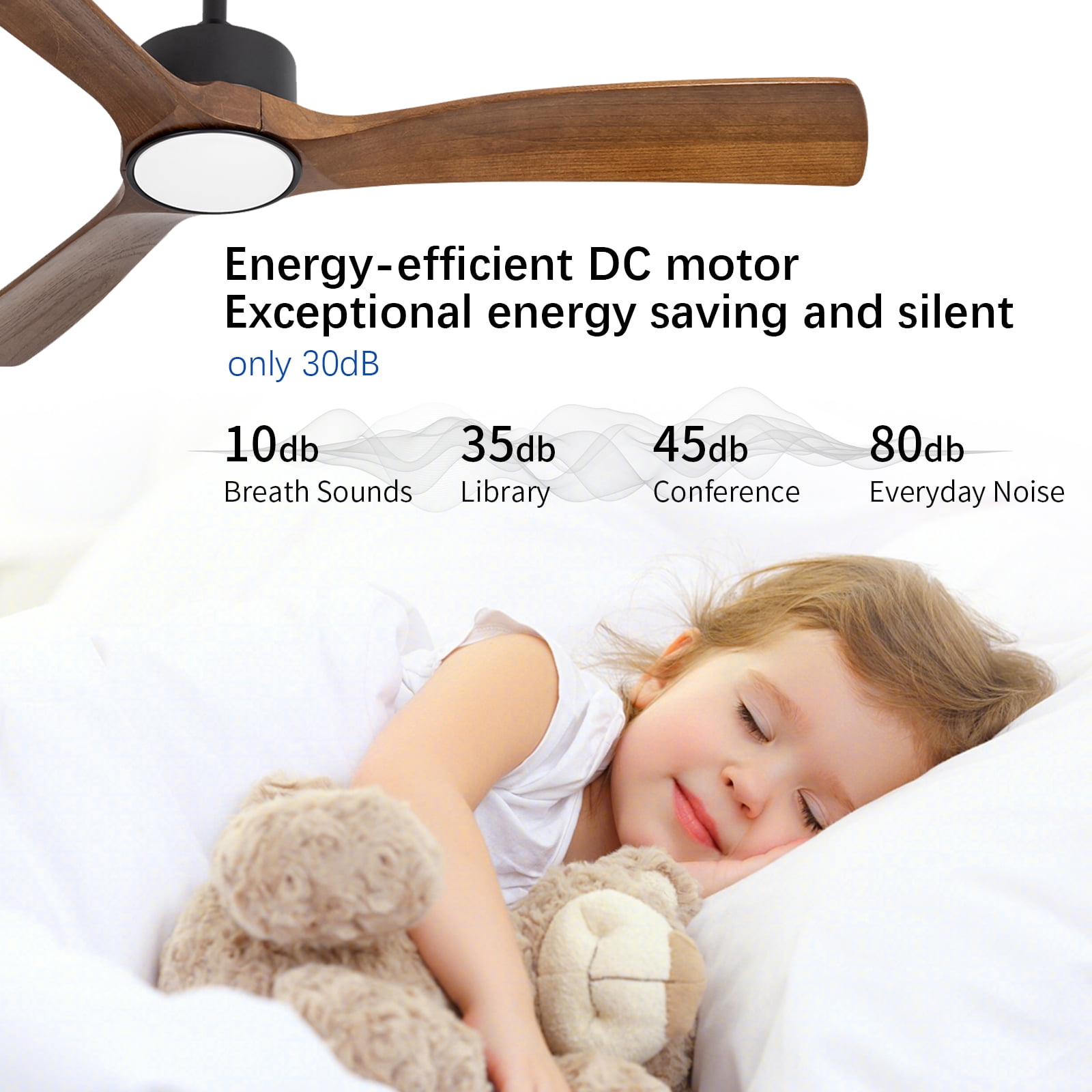 WOZZIO 52 inch Ceiling Fans with Light and Remote Control,3 Dark Brown Solid Wood Blades, Home
