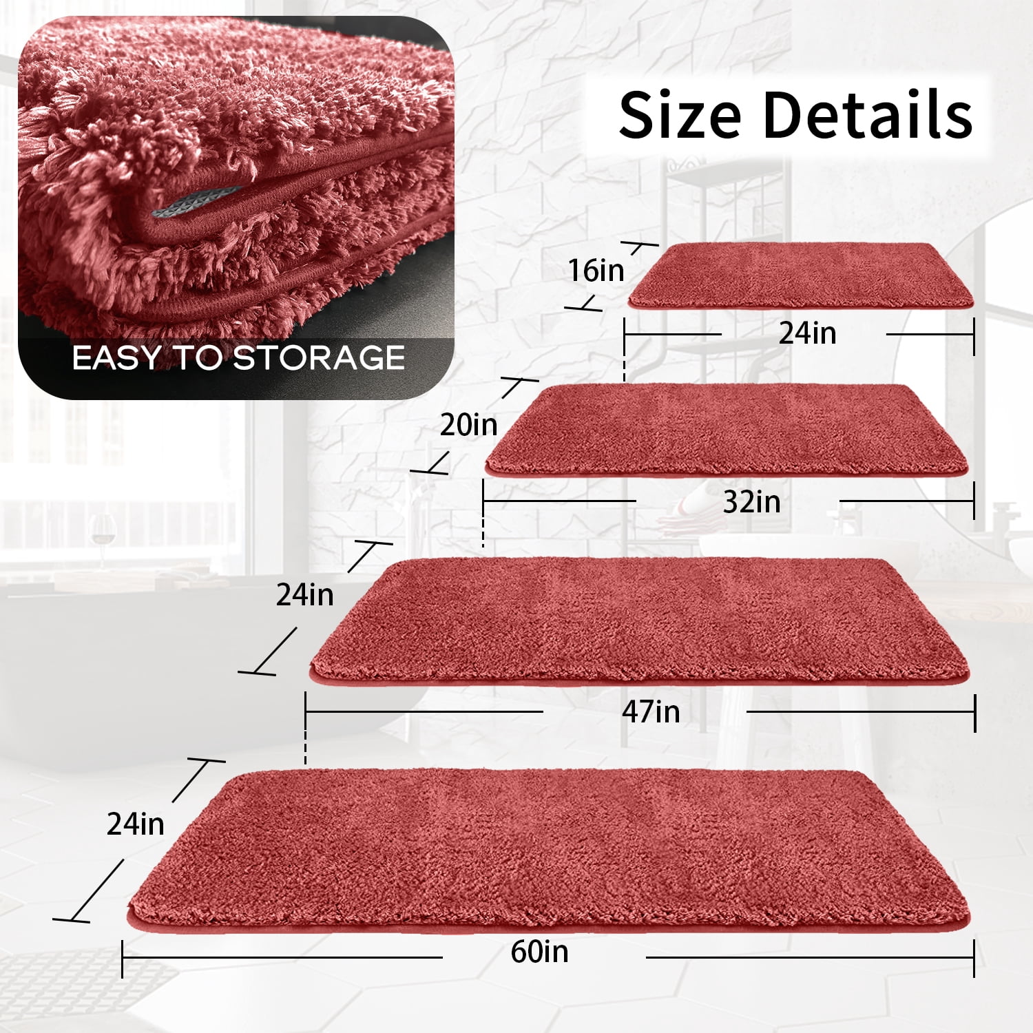 Bathroom Rugs Non Slip, Large Bath Rugs for Bathroom Decor, Bathroom Shower Floor Mat, Machine Washable Bath Rug Runner, 24"X47", Claret