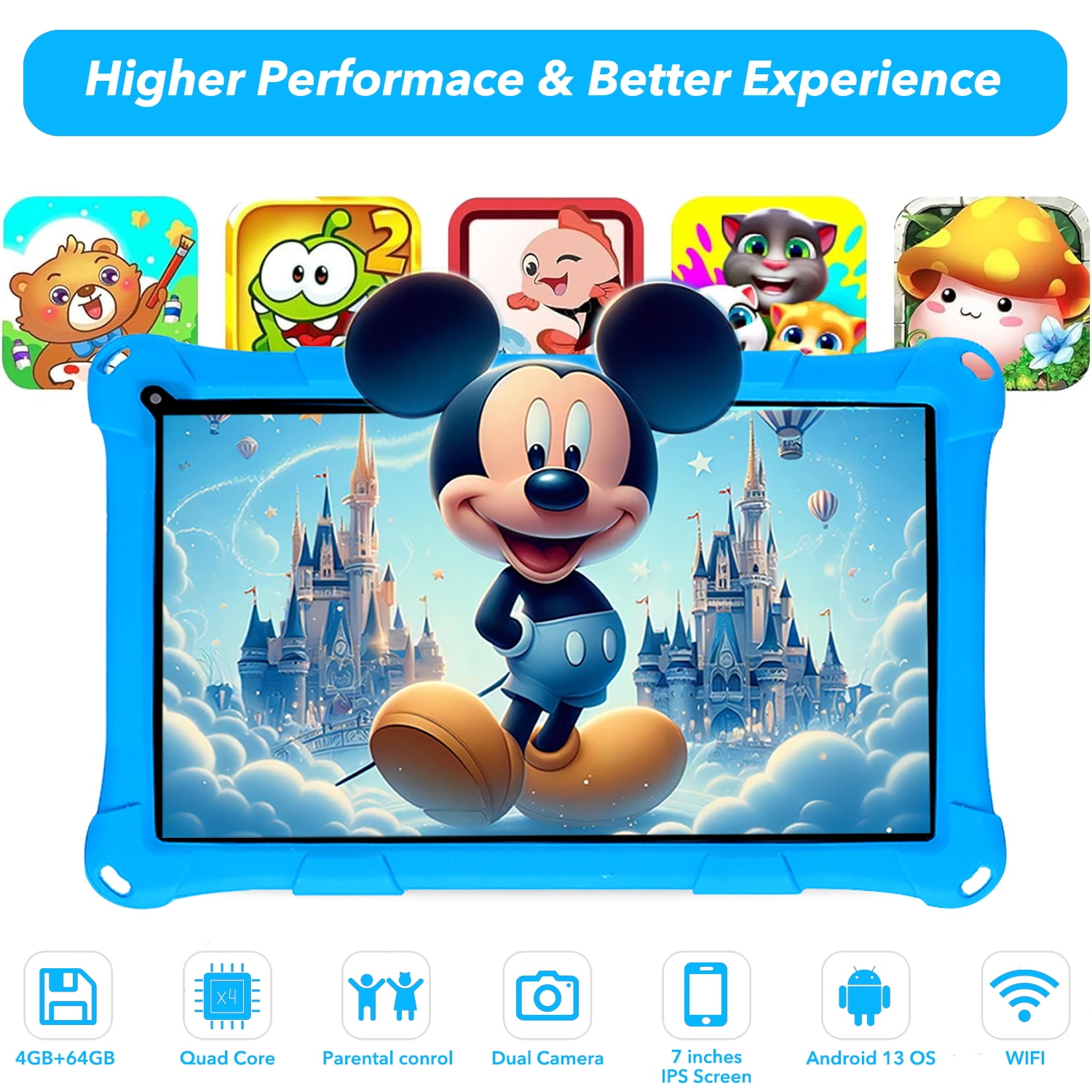 Thunrlge Kids Tablet, 7-Inch Kids Tablet, Android Tablet, 3+5 RAM 64GB ROM (TF CARD 256GB) Google Certified, Kids Software Pre-Installed, WiFi, Shockproof Case, Gift for kids, (Blue)