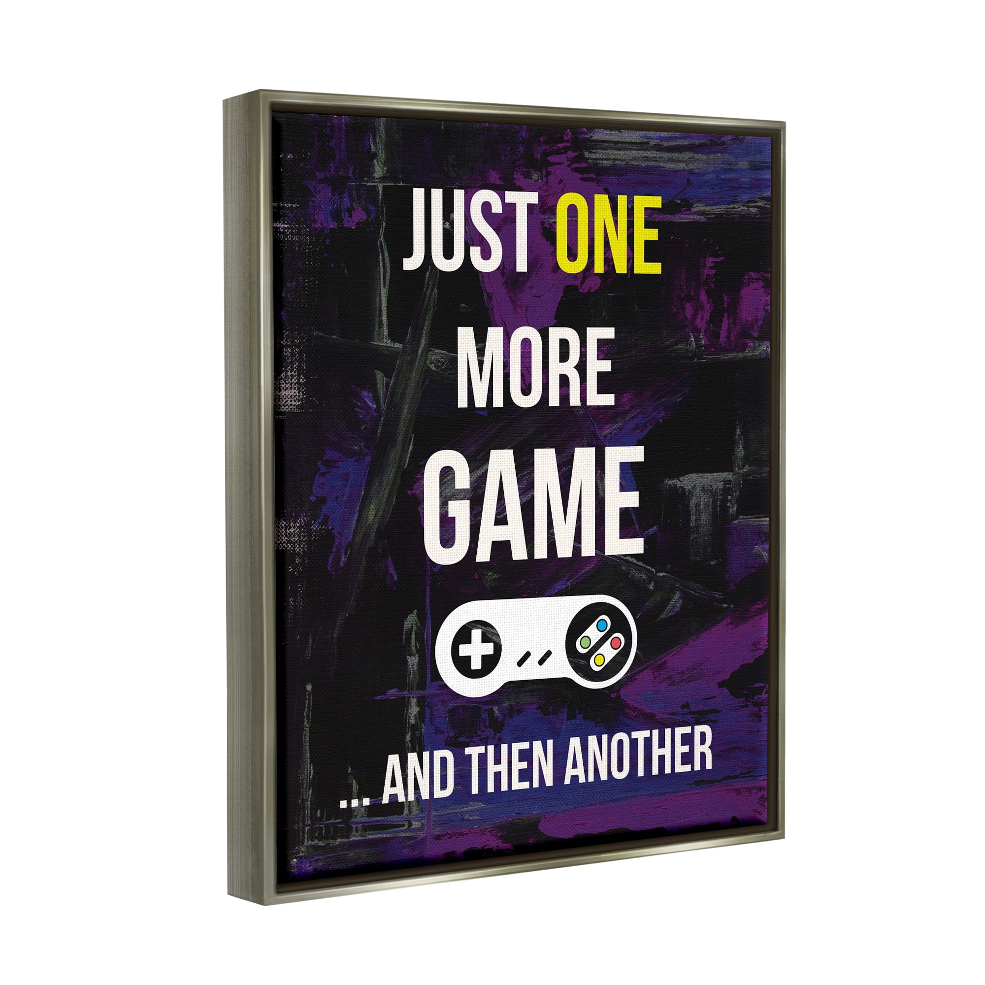 Stupell Industries One More Game Video Gamer Controller Text Sign Graphic Art Luster Gray Floating Framed Canvas Print Wall Art, Design by Annie Warren