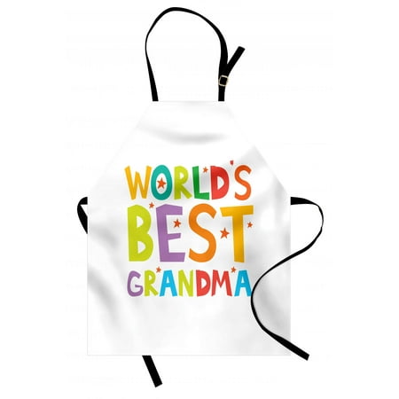 Grandma Apron Cartoon Style Lettering Worlds Best Grandma Quote with Stars Colorful Illustration, Unisex Kitchen Bib Apron with Adjustable Neck for Cooking Baking Gardening, Multicolor, by