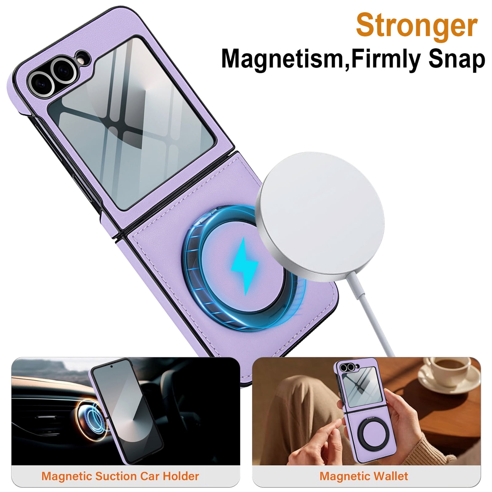 Compatible with Samsung Galaxy Z Flip 7 Phone Case,Built-in Screen Protector,360° Rotatable Ring Kickstand,Compatible with Mag-Safe,Anti-Scratch Leather Shockproof Rugged Phone Case,Lightpurple