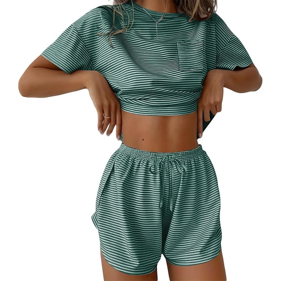 Women's 2-Piece Striped Short Sleeve Crop Tops & Shorts Set - Casual Loose Fit Outfit with Multiple Colors for Summer & Daily Wear