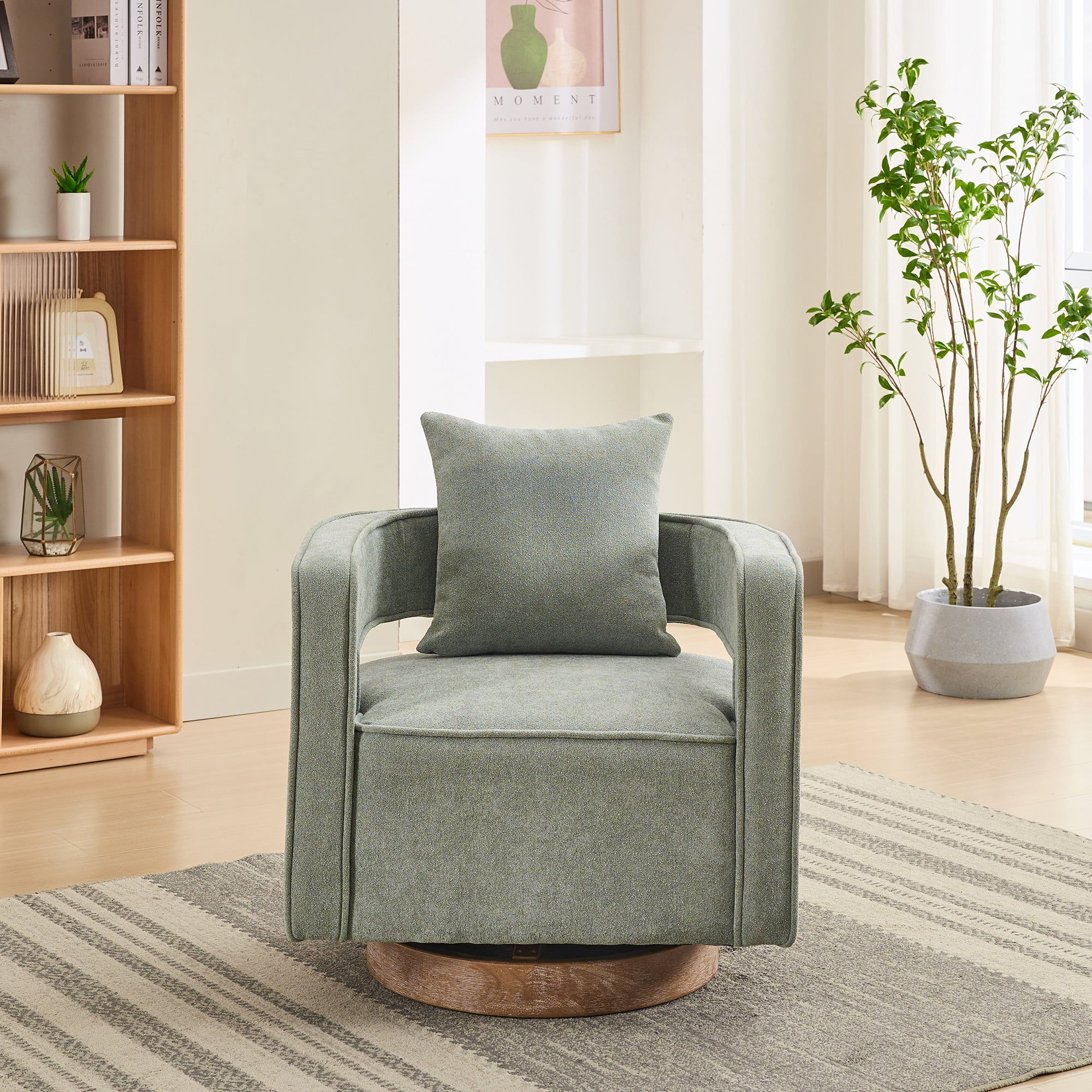 Leumius Swivel Accent Chair with Open Back,Modern Single Sofa Chair With Weathered Base for Nursery Bedroom Living Room Hotel Office, Club Chair Leisure Arm Chair for Lounge,Green Polyester