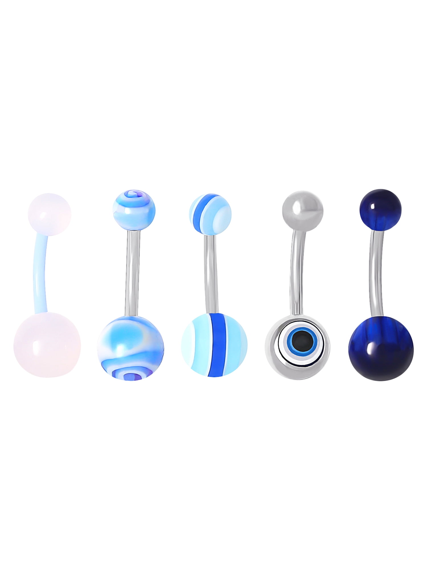 Women's Stainless Steel Belly Ring Set with Blue Eye Accents, 14 Gauge, 5-Pack