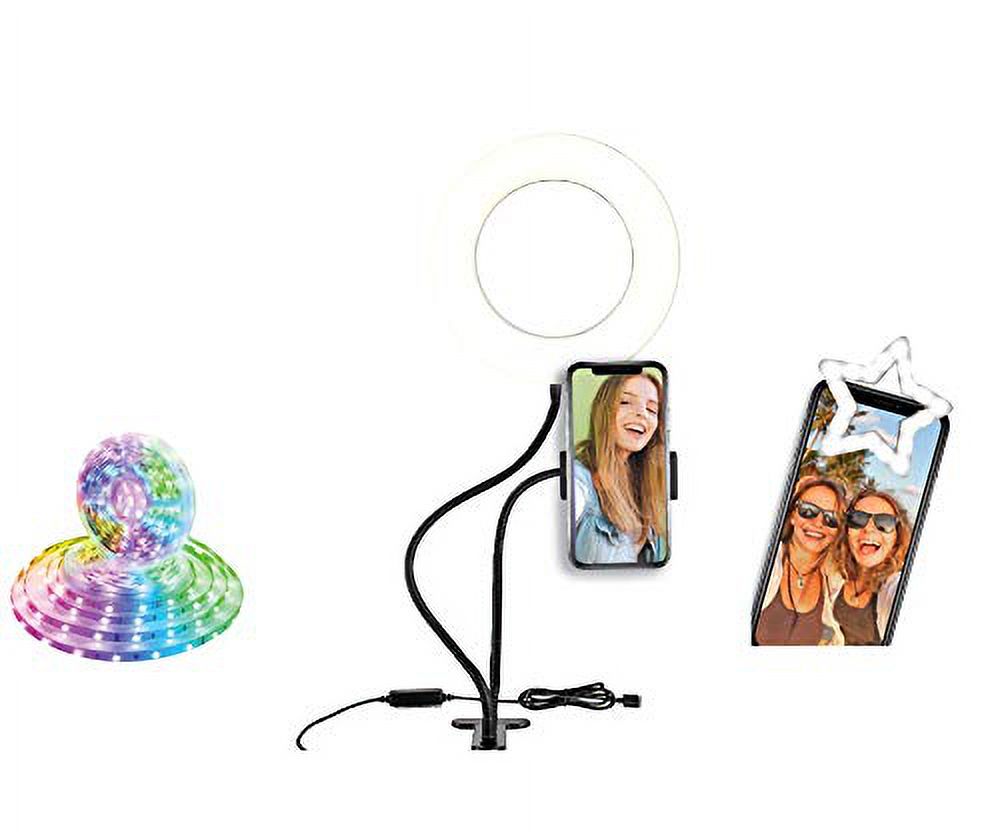 Social Media Video Recording Kit - Heavy Duty Phone Holder and Ring Light Stand, 6ft LED Multi Color RGB Light Strip, Clip on Phone Selfie Light