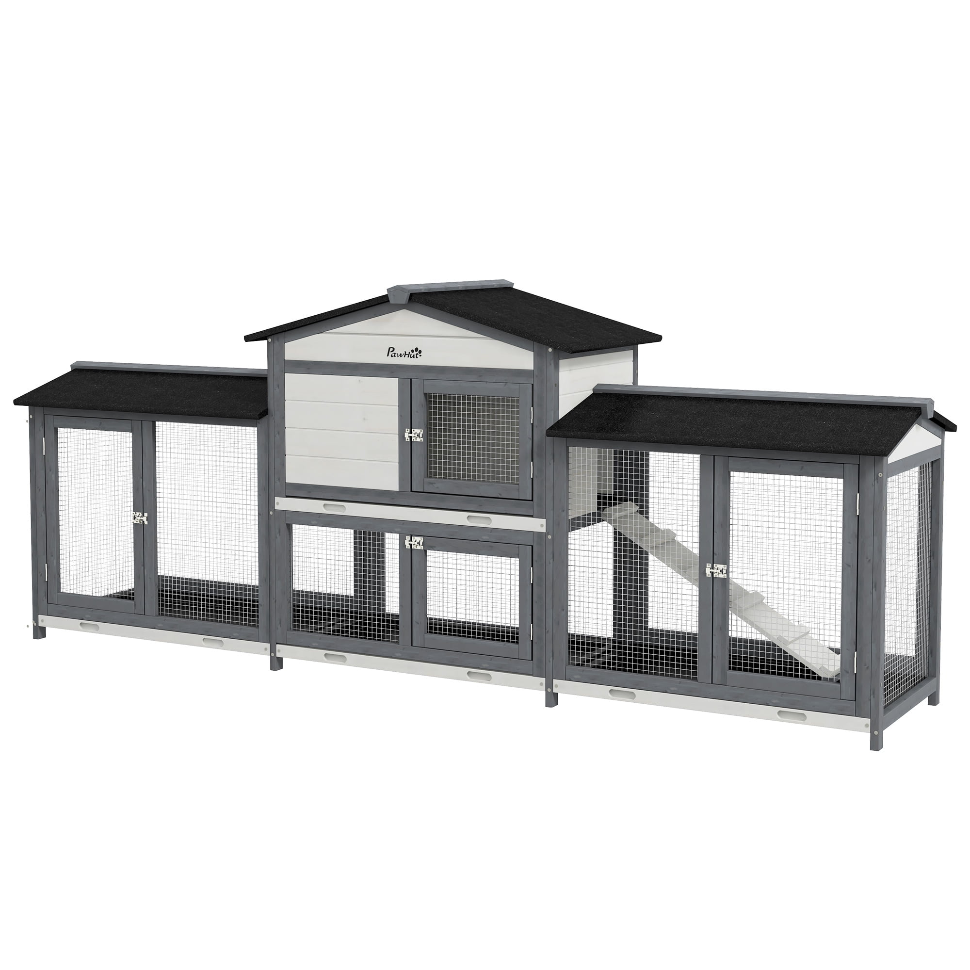 PawHut 90.5" Wooden Rabbit Hutch Bunny Cage with Double Side Run Boxes Gray